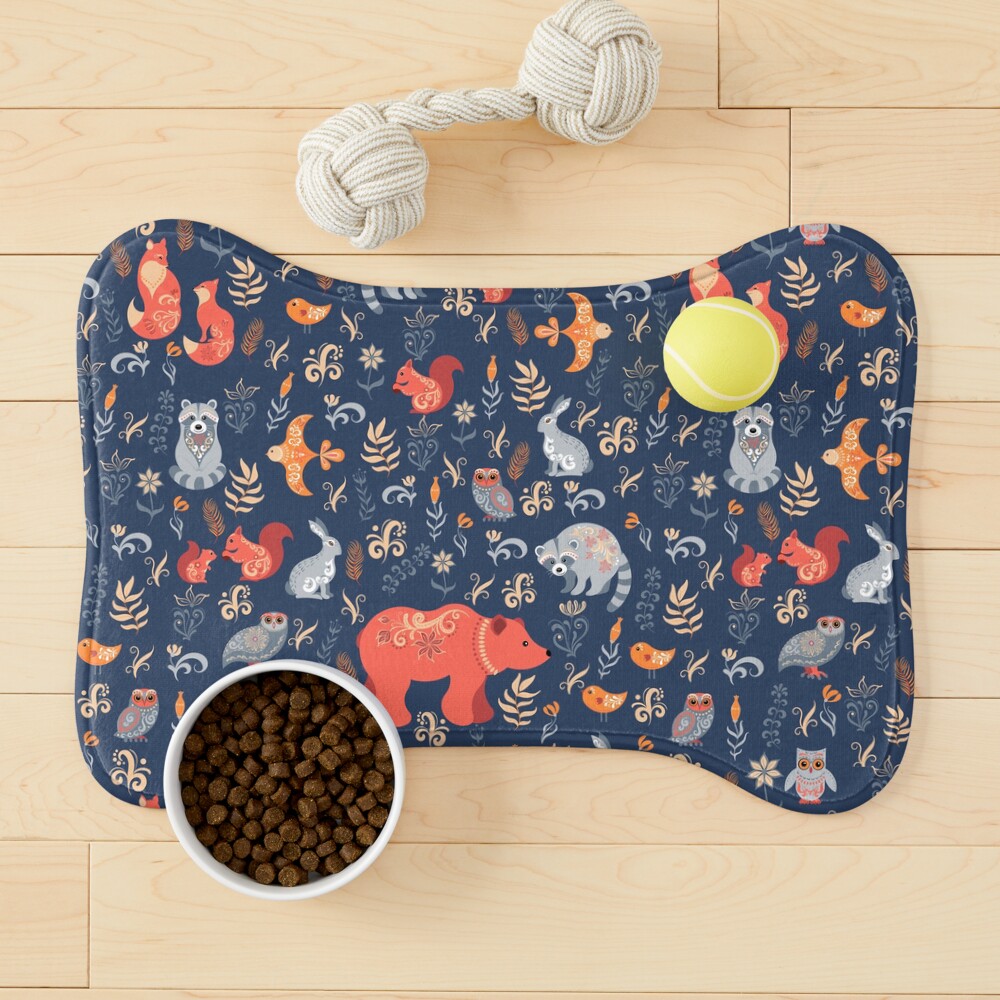 Fairy-tale forest. Fox, bear, raccoon, owls, rabbits, flowers and herbs on a blue background. Pet Mat