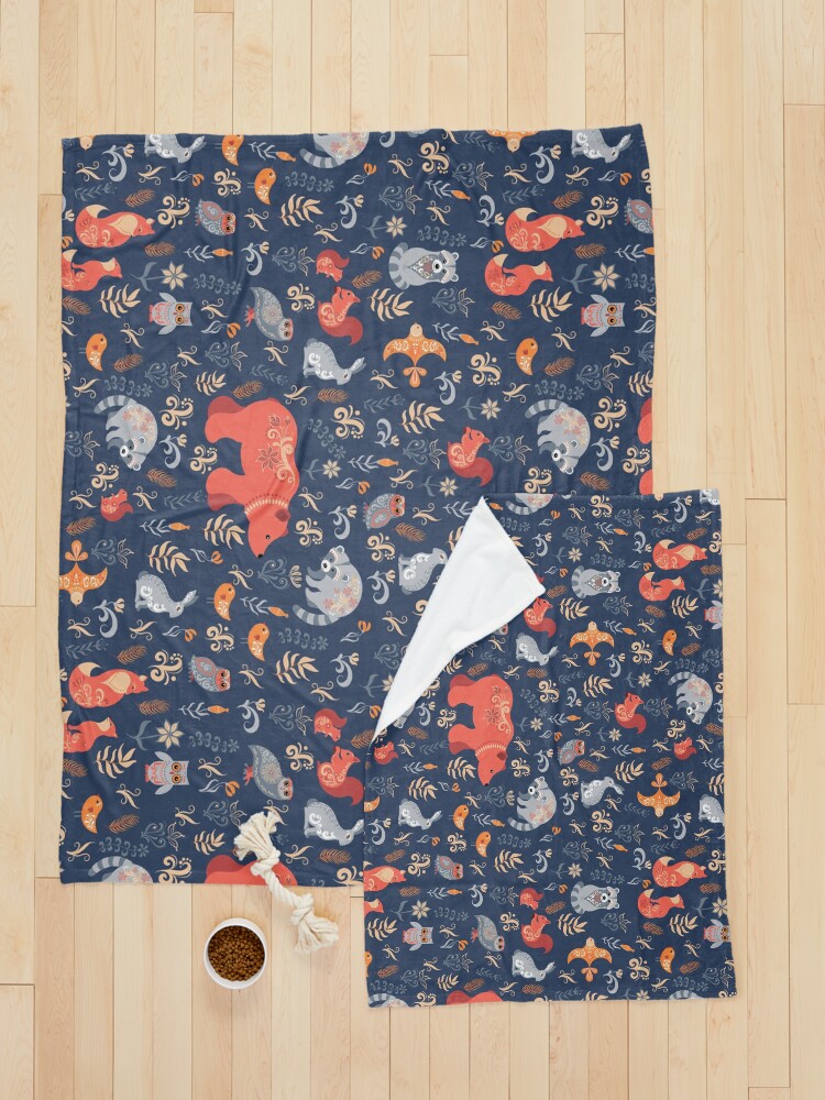 Alternate view of Fairy-tale forest. Fox, bear, raccoon, owls, rabbits, flowers and herbs on a blue background. Pet Blanket