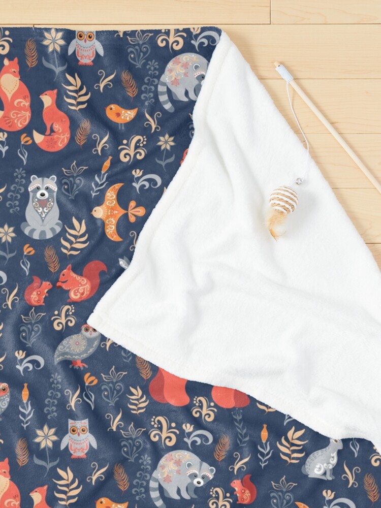 Alternate view of Fairy-tale forest. Fox, bear, raccoon, owls, rabbits, flowers and herbs on a blue background. Pet Blanket