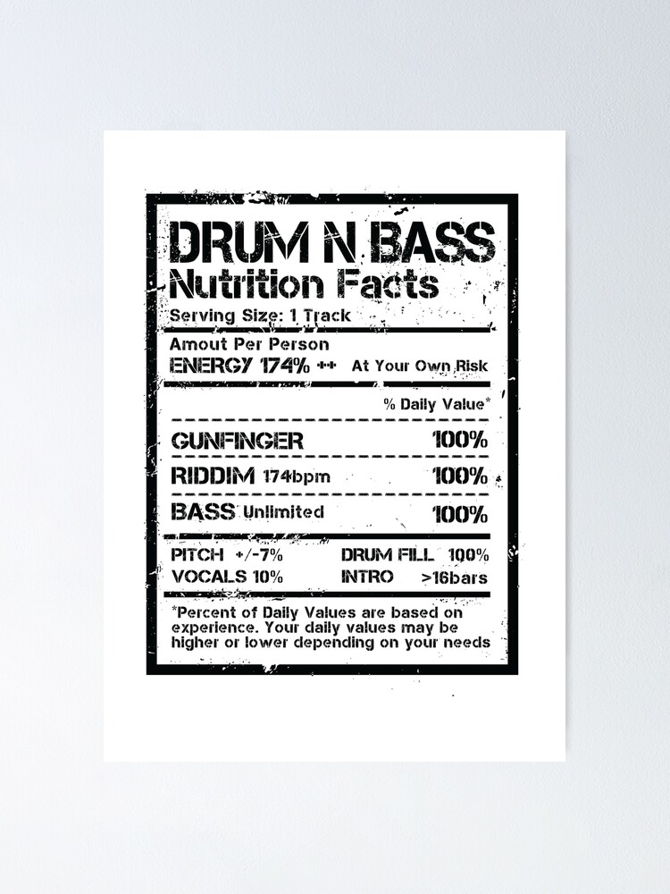 "Drum N Bass Nutrition Facts Label ( Distressed Edit )" Poster for Sale