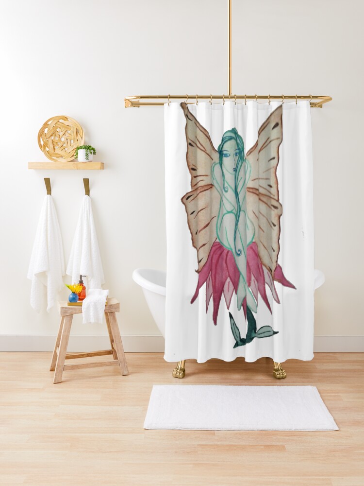 Thumbnail 1 of 5, Shower Curtain, Fairycore Green Fairy Sitting on a Pink Flower designed and sold by LBlaze.