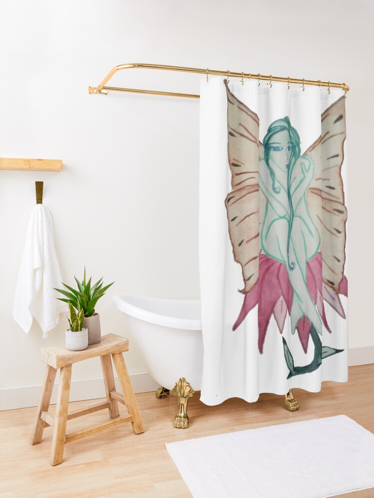 Thumbnail 3 of 5, Shower Curtain, Fairycore Green Fairy Sitting on a Pink Flower designed and sold by LBlaze.