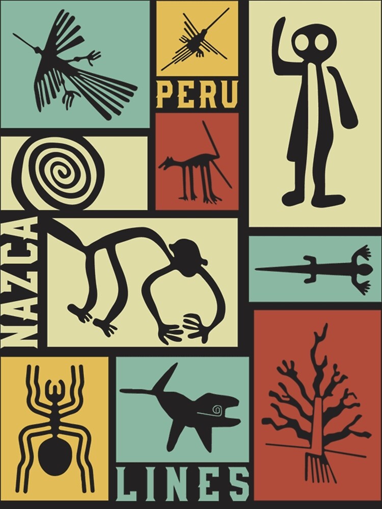"Nazca Lines - Peruvian Geoglyphs - Retro Box Art - Condor, Monkey