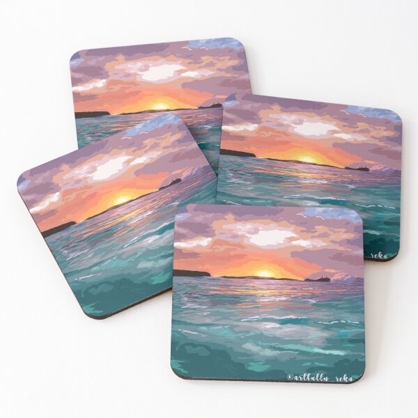 Item preview, BEACH illustration art print with sunset designed and sold by ArtfullyReka.