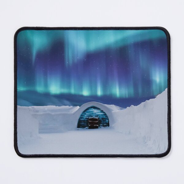 Item preview, blue northern lighs sky above a house in the snow designed and sold by ImRotem.