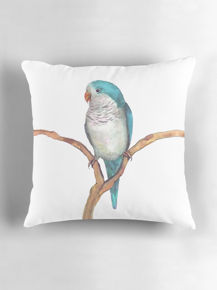 Thumbnail 3 of 4, Pillow, A watercolor of a blue quaker parrot designed and sold by Bwiselizzy.
