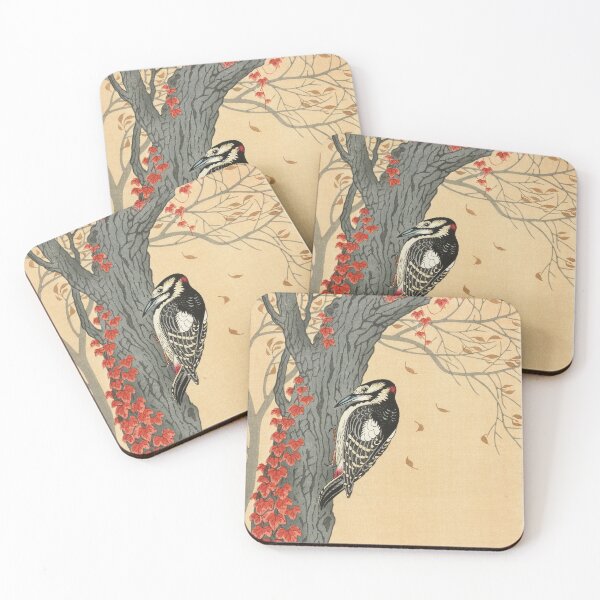 Item preview, Great spotted woodpecker in tree with red ivy by Ohara Koson designed and sold by see-the-fox.