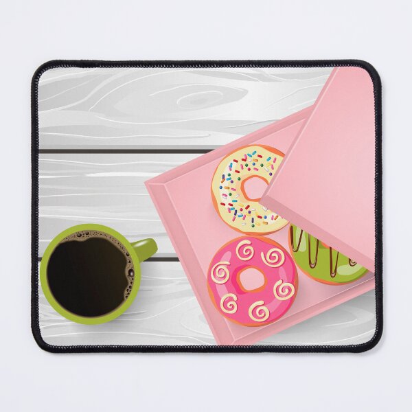 Item preview, Vector still life of a green cup of black coffee and a box of doughnuts on the white wooden table designed and sold by Familyshmot.