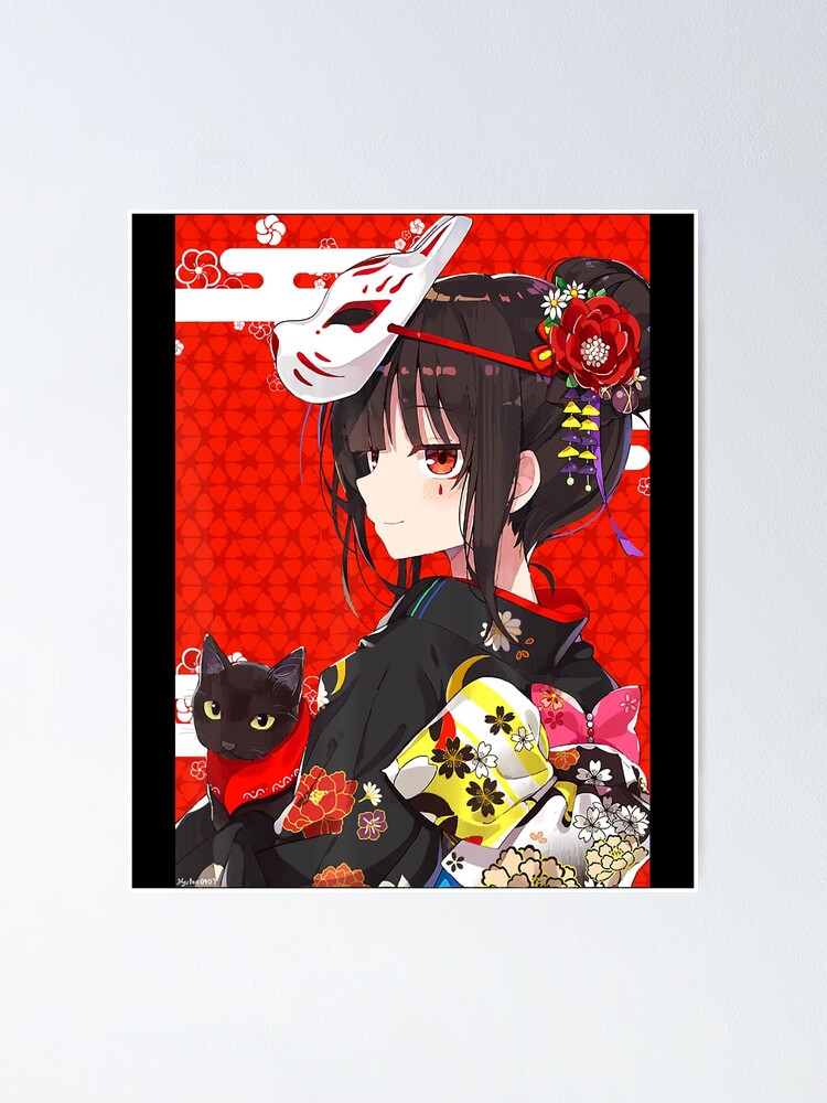 Anime Girl Japanese Waifu Kawaii Neko Cat Kitsune Mask Poster By Kuntingling93 Redbubble 