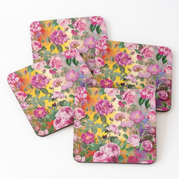 Artikelvorschau, Vintage Blumen rosa Rosen und Fuchsia Blumen exotischen Garten, botanische Illustration, gelbes Blumenmuster entworfen und verkauft von ZeinabTaha.