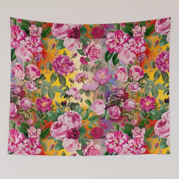 Artikelvorschau, Vintage Blumen rosa Rosen und Fuchsia Blumen exotischen Garten, botanische Illustration, gelbes Blumenmuster entworfen und verkauft von ZeinabTaha.