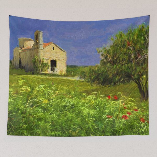 Item preview, Artistic Church Meadow Green Landscape Painting designed and sold by livianasgifts.