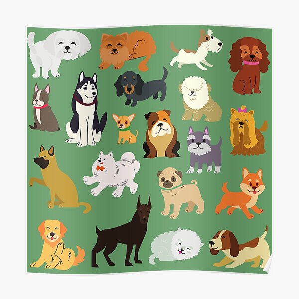 Cute Dogs + Puppies - Green Poster