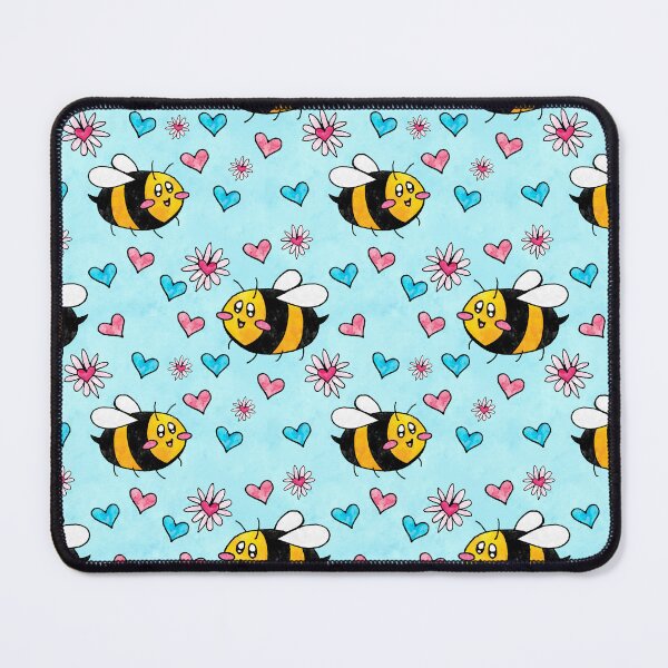 Item preview, Happy Bees, Flowers and Hearts Pattern- Blue Background designed and sold by Bumblefuzzies.