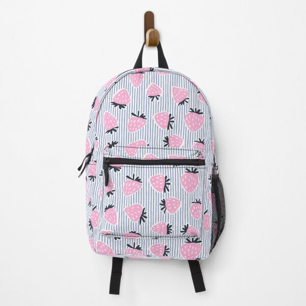 Item preview, Strawberries - pink on blue stripes designed and sold by littlearrow.