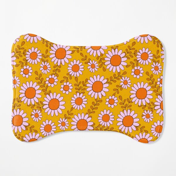 Retro 70s daisy flowers botanical pattern in orange and pink Dog Mat