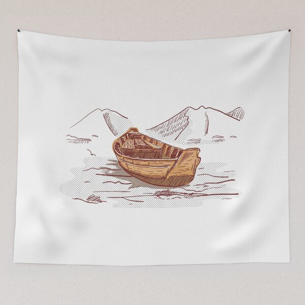Artikelvorschau, Boot auf der Shore Mountains Ocean Lithographie entworfen und verkauft von BakaOutfit.