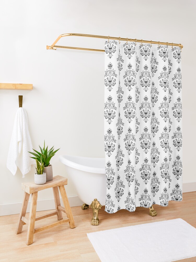 Alternate view of Haunted Mansion Wallpaper Black and White Shower Curtain