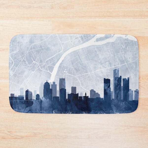 Artikelvorschau, Detroit Skyline & Karte Aquarell Marineblau, Druck von Zouzounio Art entworfen und verkauft von zouzounioart.