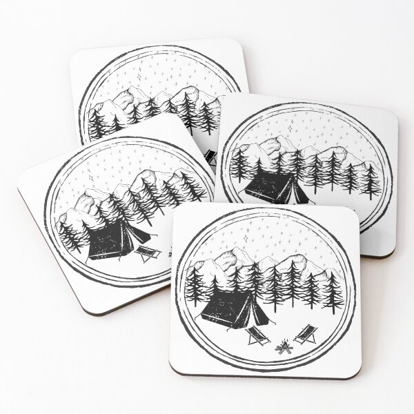 Item preview, Mountain Adventure, camping with a camp fire, black and white nature graphic designed and sold by DigitalCutFile.
