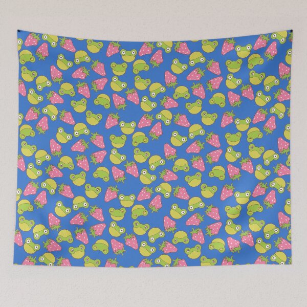 Item preview, Frogs and Strawberries on Bright Dark Blue designed and sold by Cass Noel Studio.