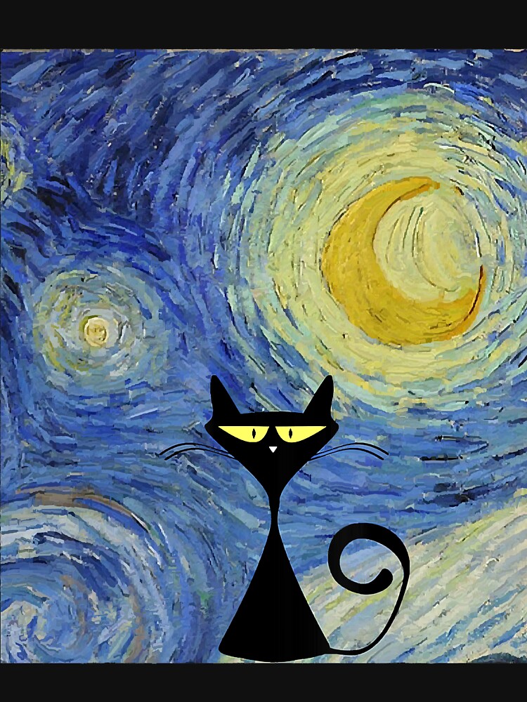 Black Cat Van Gogh Starry Night Museum Lover Awesome Fun Tee