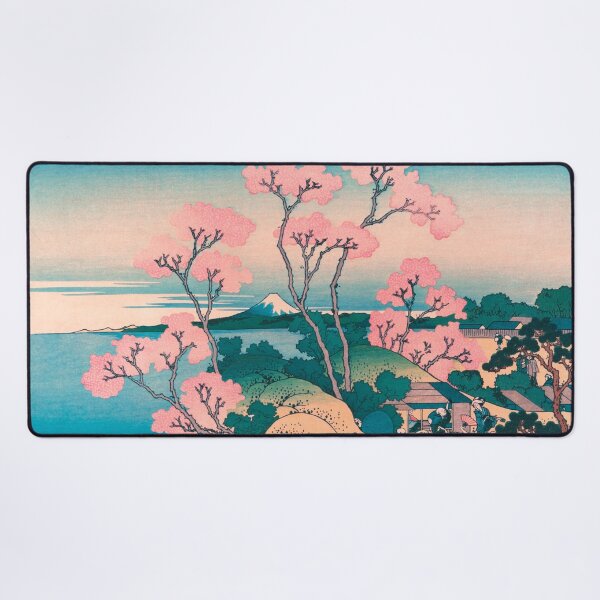 Spring Picnic under Cherry Tree Flowers, with Mount Fuji background Desk Mat