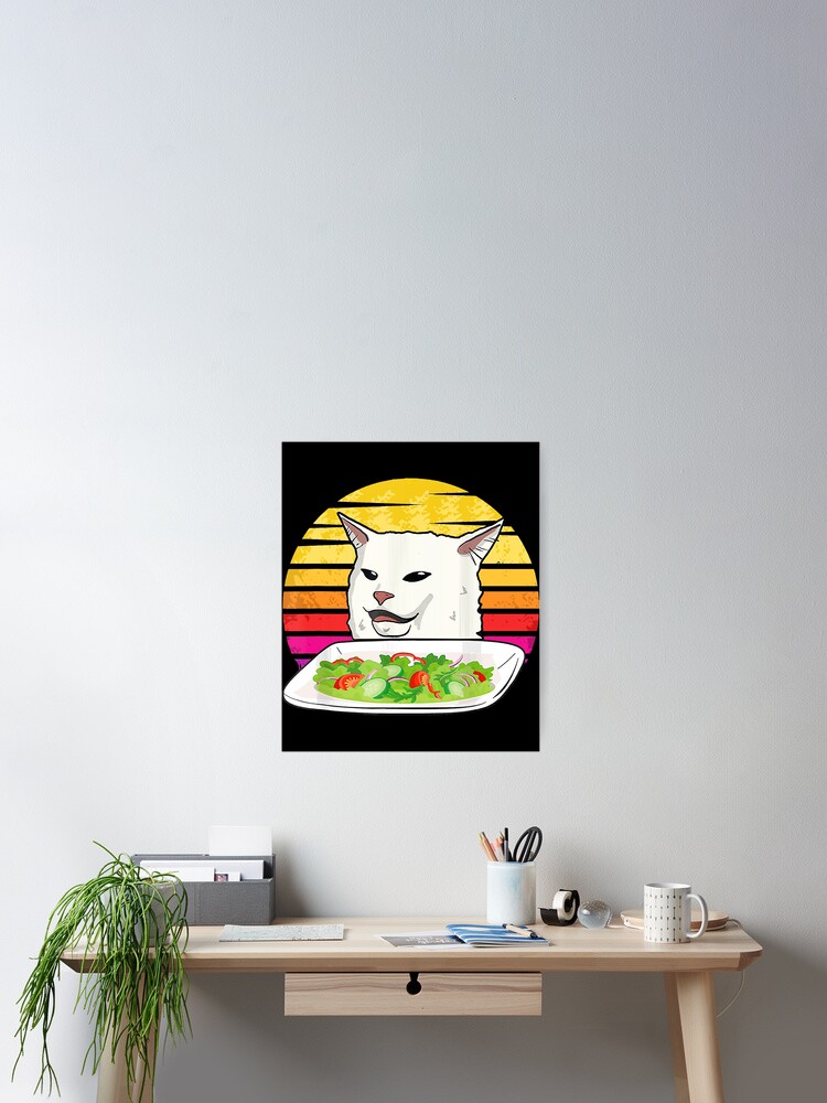 Angry women yelling at confused cat at dinner table meme for