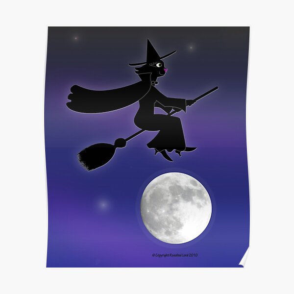 Black Cat Witch Flying Over Moon Poster