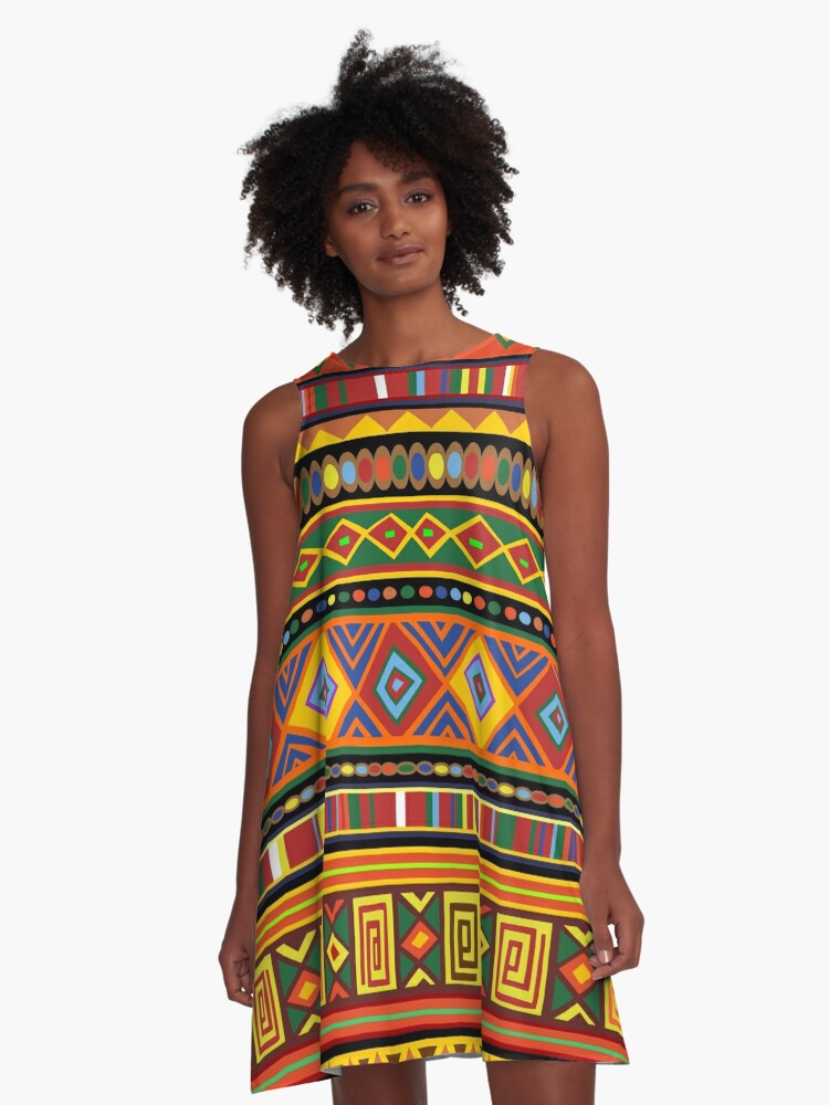 Vestido acampanado «Diseño patrón colores étnicos de África» de BluedarkArt | Redbubble