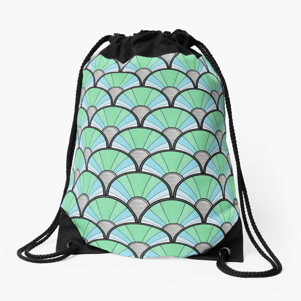 Pastel Green and Silver Ombre Deco Pattern Drawstring Bag