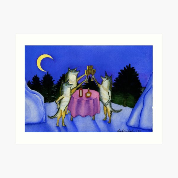 Three Wolves Toasting Moon Art Print