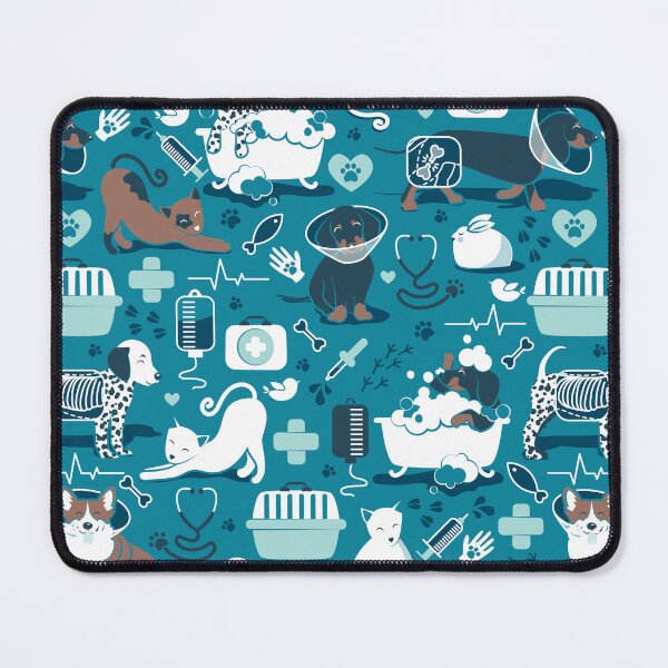 Item preview, Veterinary medicine, happy and healthy friends // turquoise background aqua details navy blue white and brown cats dogs and other animals designed and sold by SelmaCardoso.