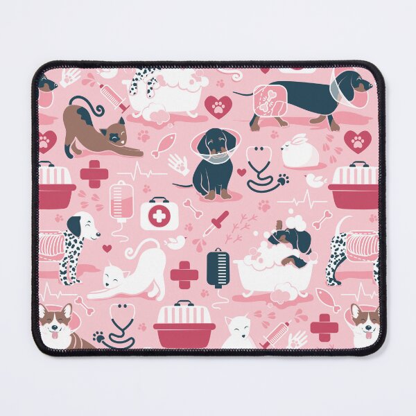 Item preview, Veterinary medicine, happy and healthy friends // pink background red details navy blue white and brown cats dogs and other animals designed and sold by SelmaCardoso.