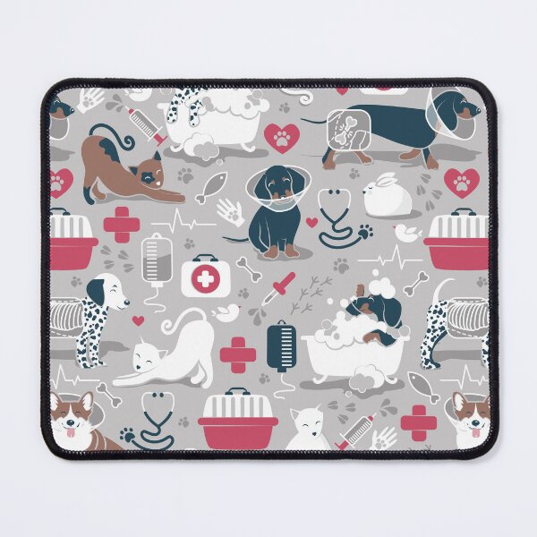 Item preview, Veterinary medicine, happy and healthy friends // grey background red details navy blue white and brown cats dogs and other animals designed and sold by SelmaCardoso.