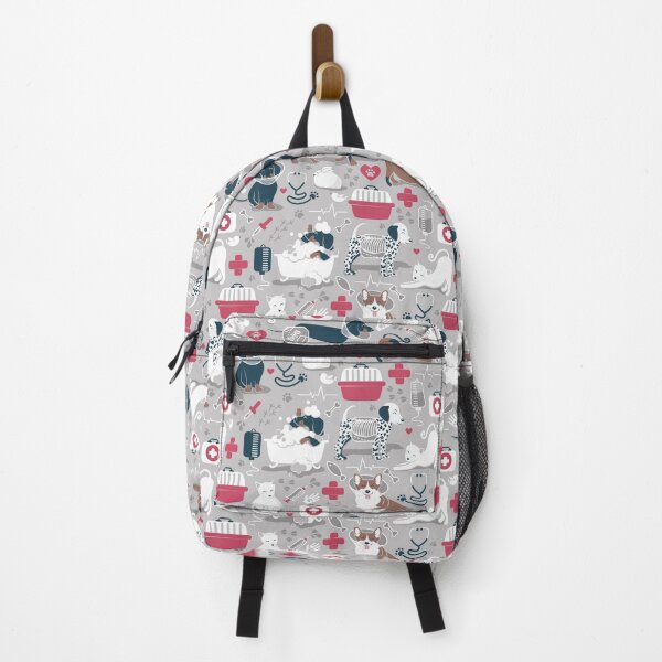 Item preview, Veterinary medicine, happy and healthy friends // grey background red details navy blue white and brown cats dogs and other animals designed and sold by SelmaCardoso.