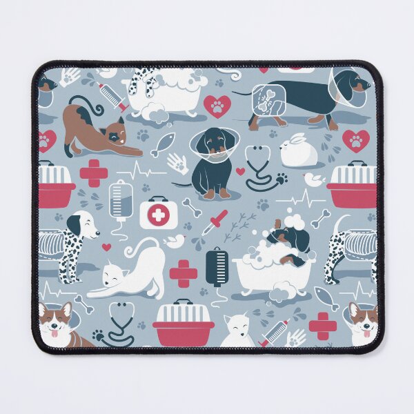 Item preview, Veterinary medicine, happy and healthy friends // pastel blue background red details navy blue white and brown cats dogs and other animals designed and sold by SelmaCardoso.