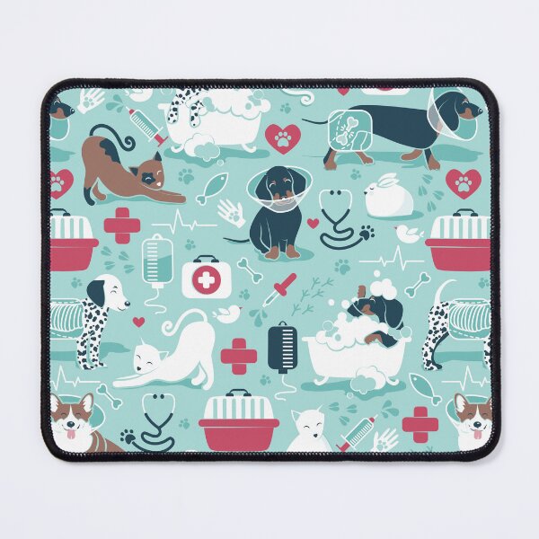 Item preview, Veterinary medicine, happy and healthy friends // aqua background red details navy blue white and brown cats dogs and other animals designed and sold by SelmaCardoso.