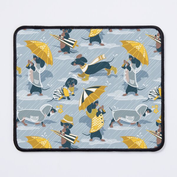 Item preview, Ready For a Rainy Walk // pastel blue background dachshunds dogs with yellow and transparent rain coats designed and sold by SelmaCardoso.