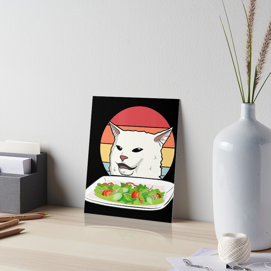 "Angry women yelling at confused cat at dinner table meme" Art Board