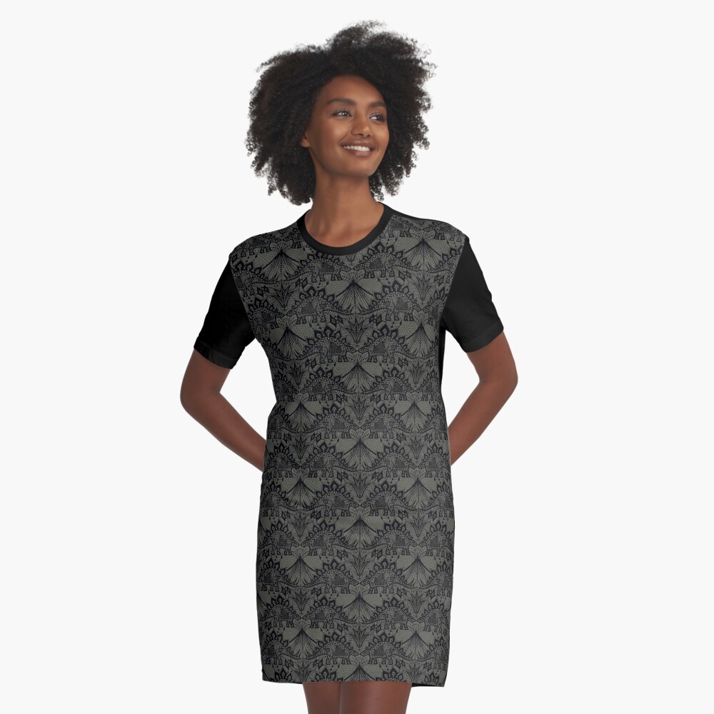 Stegosaurus Lace - Black / Grey Graphic T-Shirt Dress