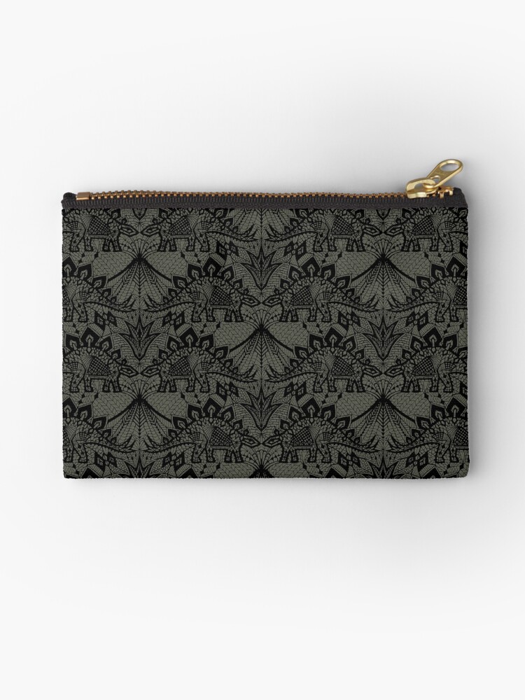 Thumbnail 1 of 4, Zipper Pouch, Stegosaurus Lace - Black / Grey designed and sold by Andrea Muller.