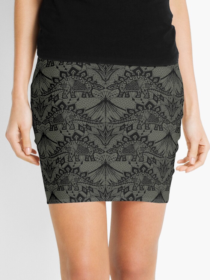 Thumbnail 1 of 4, Mini Skirt, Stegosaurus Lace - Black / Grey designed and sold by Andrea Muller.