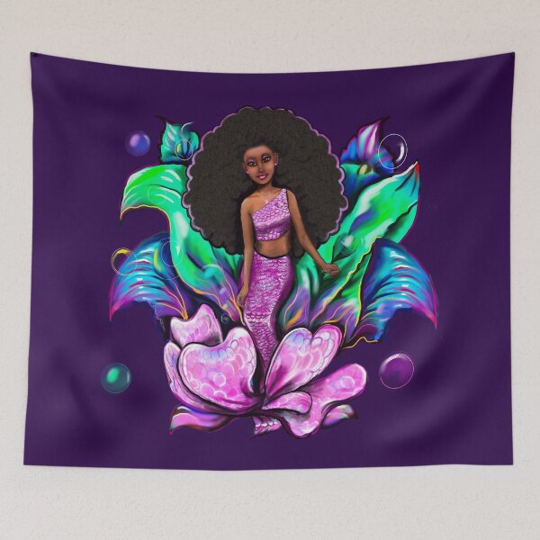 Item preview, Black Mermaid gifts - Coco the Magical rainbow mermaid with brown eyes, flowing Afro hair and caramel brown skin - light background designed and sold by Artonmytee.