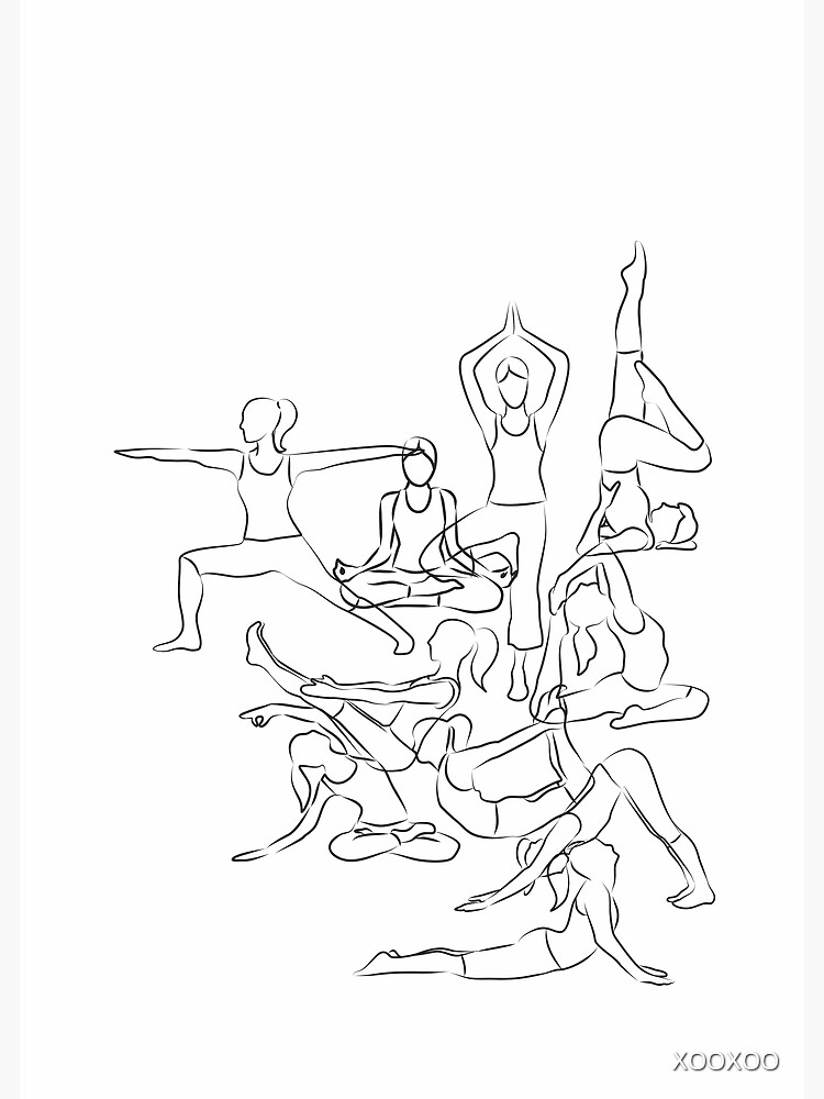 Young girl doing yoga fitness exercise outdoor.Morning sunrise.Yoga poster.  Yoga poses. Line art. Simple drawing