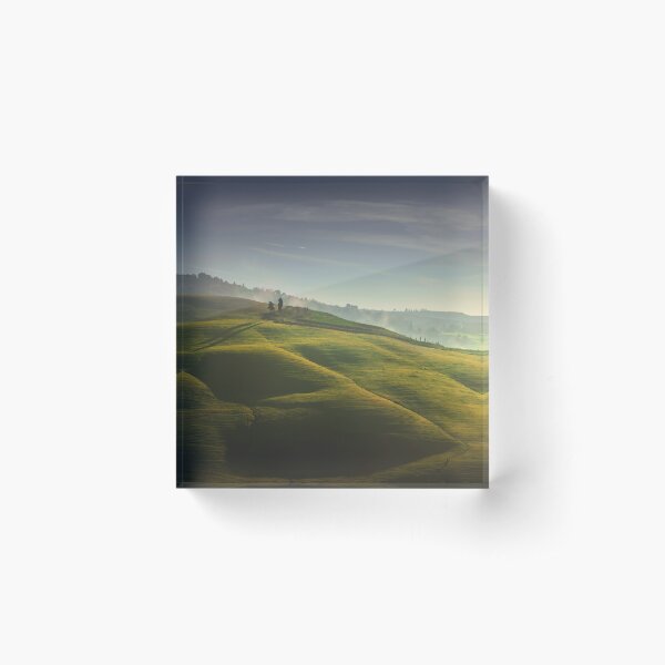 Foggy landscape in Volterra, rolling hills and green fields at sunrise Acrylic Block