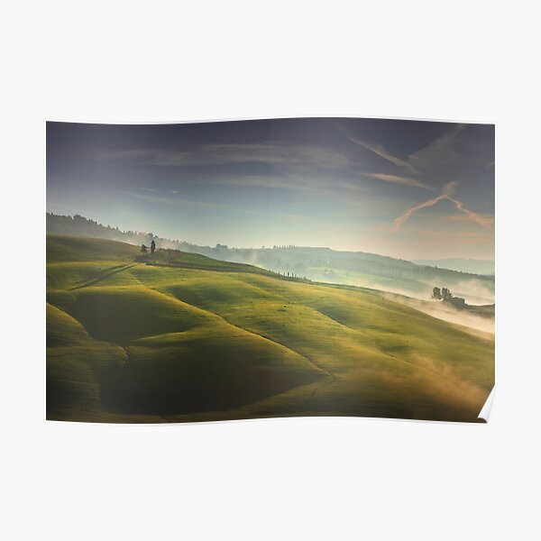 Foggy landscape in Volterra, rolling hills and green fields at sunrise Poster
