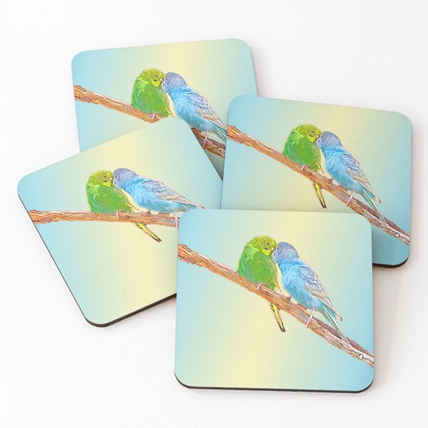 Item preview, Cute kissing budgies - acrylic on pastel background designed and sold by MarionsArt.