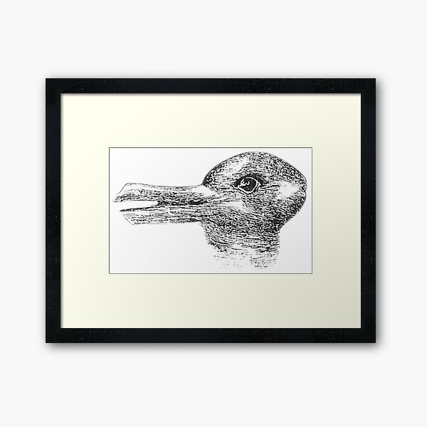 Rabbit, Duck, illusion. Is it a Rabbit or is it a Duck? Optical illusion, visual illusion. Black on White. Framed Art Print