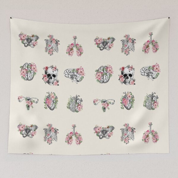 Item preview, Human anatomy, parts of human anatomy, heart, brain, lungs, skull with delicate pink roses designed and sold by Collagedream.